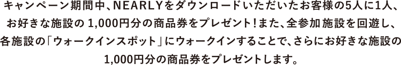 キャンペーン期間中、NEARLYをダウンロードいただいたお客様の5人に1人、お好きな施設の1,000円分の商品券をプレゼント！