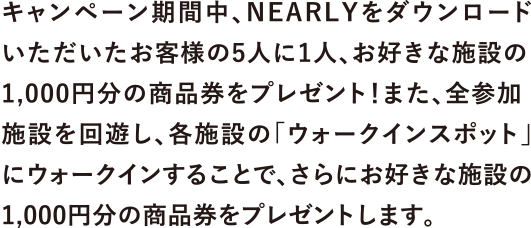 キャンペーン期間中、NEARLYをダウンロードいただいたお客様の5人に1人、お好きな施設の1,000円分の商品券をプレゼント！